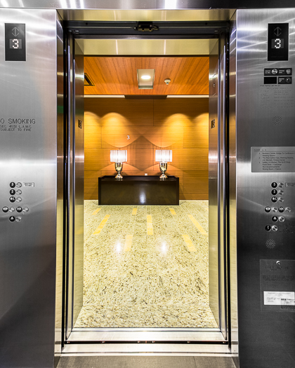 Open elevator cab door at Extron in Anaheim, California