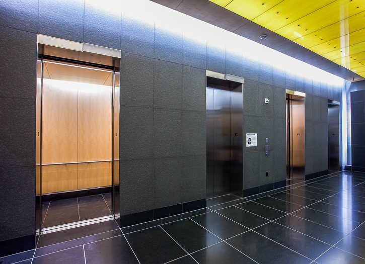 Open elevator cab door at Extron in Anaheim, California