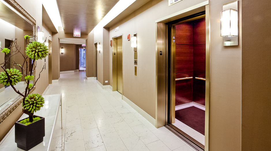 Open elevator cab door at Extron in Anaheim, California